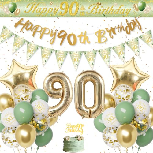 Decorazioni Compleanno 90 Anni Donna Uomo, Palloncini 90 Anni Compleanno | Verde Oro 90 Anni Compleanno Festoni Torta per Decorazioni Festa