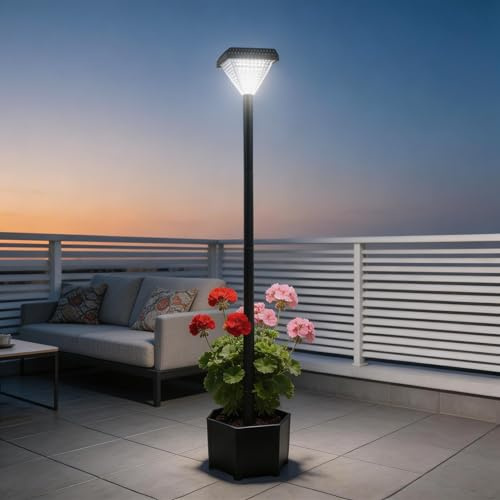 Solar Lamp Post with Planter 150cm, Tall Garden Lights Outdoor IP44 Black | 59 Floor Standing | Cold White LED | Dusk-to-Dawn | Pathway Driveway Decor