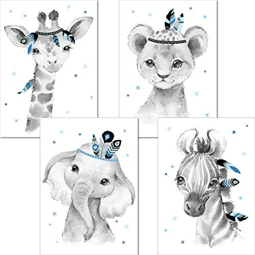 LALELU-Prints Bilder Kinderzimmer Poster Babyzimmer Deko Mädchen Jungen Kinderbilder Set Kinderzimmerbilder (Indianer blau A3 4er Set)