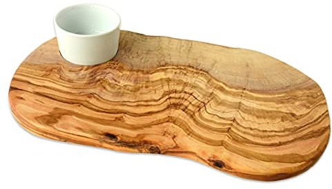 D.O.M.® Tabla para hamburguesas rústica de madera de olivo, aprox. 40 cm, incluye cuenco de porcelana, grabado posible (sin grabado)