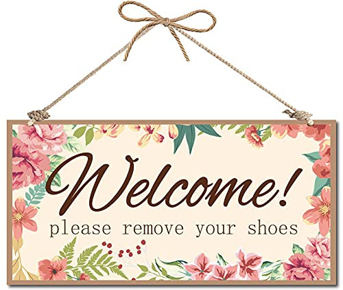 CREATCABIN Panneau décoratif en bois « Welcome Please Remove Your Shoes » - Décoration d'intérieur - Panneau en bois à suspendre - Décoration murale pour cour, maison, porte d'entrée, terrasse - 30,5