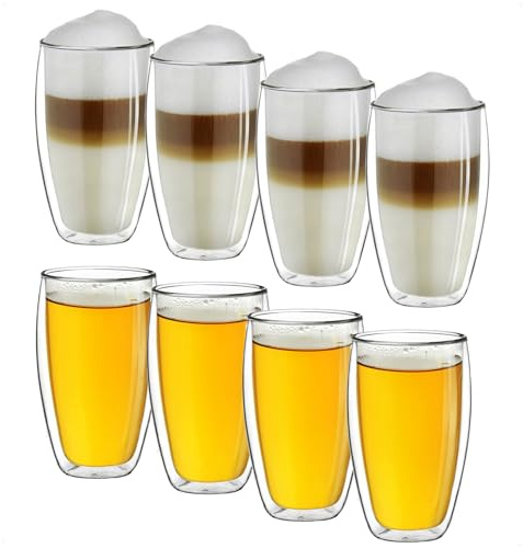 Creano Thermogläser doppelwandig 400ml „DG-SH“, 8er Set, große doppelwandige Gläser aus Borosilikatglas, Kaffeegläser, Teegläser, Latte Macchiato Gläser