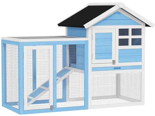 PawHut 49 Wooden Rabbit Hutch Bunny Cage with Waterproof Asphalt Roof, Fun Outdoor Run, Removable Tray and Ramp, for Rabbits, Chickens, Ducks, Light Blue