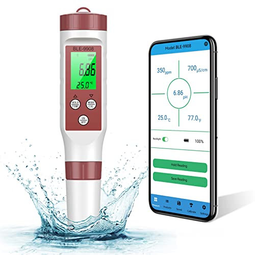 Medidor pH Piscina, Ehomfy 4 en 1 Medidor pH/TDS/EC/Temp, App Controlado, Medidor de Piscina, pHmetro de Calidad del Agua, 0-14 ph, 0-9990 ppm TDS, Función Memoria