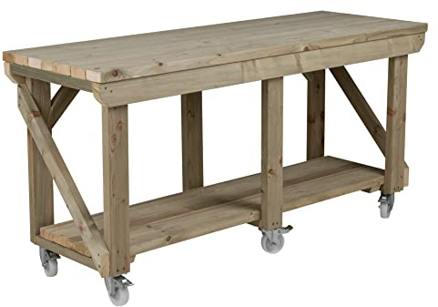 Arbor Garden Solutions Heavy Duty Mobile Workbench, Pressure Treated Timber Workshop Table on Wheels - 8ft (240cm)
