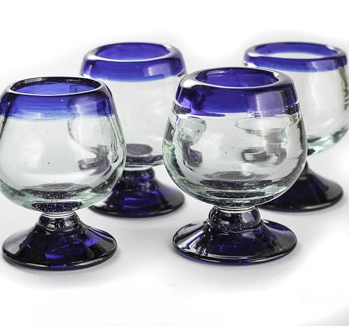 MEXTEQUIL - Authentic Mexican Tequila Hand Blown Shot Glasses - Set of 4-2 oz - Mini Glass Snifters - Heavy Base - Cognac (Cobalt Blue Rim)