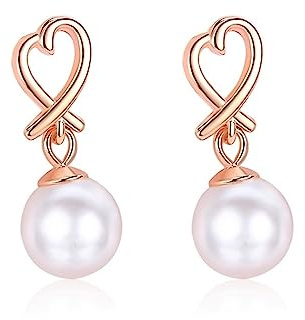 Bellitia Jewelry Corazón Pendientes de Gota de Plata de Ley 925 Chapada en Oro Rosa/Oro Blanco Pendientes Mujeres y Niñas con Perla Cultivada de Agua Dulce