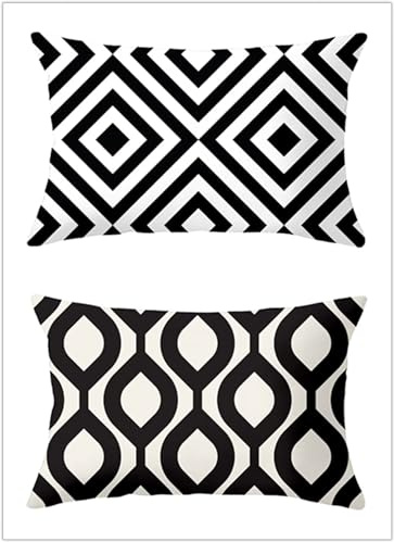 Weiß Schwarz Geometrie Lendenwirbel-Kissenbezüge für den Außenbereich,Rechteckig Taille Kissenbezug,30x50cm,2er-Set,Heimdekoration,Leinen Taille kissenbezüge für Couch,Sofa,Stuhl,Garten Dekoration