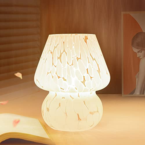 ONEWISH Murano Glass Mushroom Lamp, Aesthetic Bedside Table Light for Bedroom and Living Room, White Birthday Gift