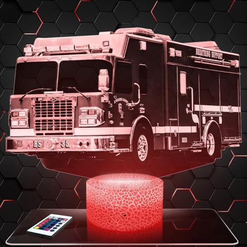 Lampephoto.fr - Amerikanischer Feuerwehrwagen 3D Lampe, Touch Nachtlicht, Feuerwehrmann, Geschenkidee Feuerwehr, Wohnzimmer Idee für Amerikanischer Feuerwehrwagen Feuerwehrmann-Fans, TOP
