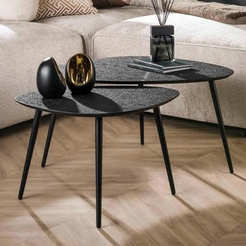 RINGO-Living Sofa Couchtisch aus Holz Industrial Style 2er Set Beistelltische Vintage/runder Couch Tisch Schwarz, moderner Echtholz Massivholz Wohnzimmertisch Set Satztisch Industrie
