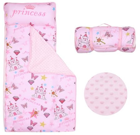 Nap Mat per Bambini con Cuscino e Coperta Rimovibili, Grande Extra Spesso 2 in 1 Sacco a Pelo Pieghevole per Ragazze Ragazzi, Nap Mats per Asilo Nido e Campeggio (Castello Rosa)
