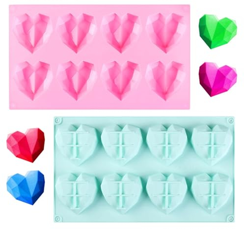 2 Stück Silikonformen Diamant Herz, 8-Kavität 3D Herz Silikon Seifenform Kuchen Form, Silikonform zum Backen Käsekuchen, Mousse, Schokolade...