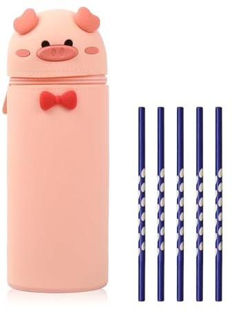 noleli Kawaii Federmäppchen aus Weichem Silikon,Federmäppchen Mädchen Schön Stehendes Mäppchen,Schlampermäppchen und Stifteköcher 2 in1,Niedliche Schulbedarf Tier Stifthalter Schweinchenstil