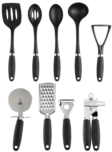 Russell Hobbs COMBO-9101 9 Piece Utensil Set – Venus Collection, Kitchen Tools & Gadgets, Nylon Cooking Utensils, Spoons, Turner, Pizza Cutter, Tin Opener, Ladle, Masher, Easy Clean, Black