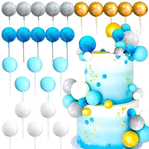 Roaring Good Time Glittery Blue Cake Decoration Blue Silver White Gold Balls Cake Topper Baby Shower Cake Decoration for Wedding Bridal Shower Birthday