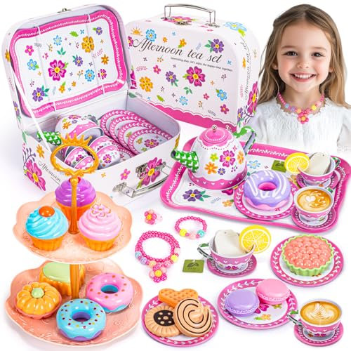 Hohosunlar Kids Tea Party Set for Little Girls, Toddler Princess Toy Tin Tea Set with Carry Case, Dessert Play Food Tea Cup Set Teapot Girl Jewelry, Birthday Gift for Girls Kids 3 4 5 6 7 8 Years Old