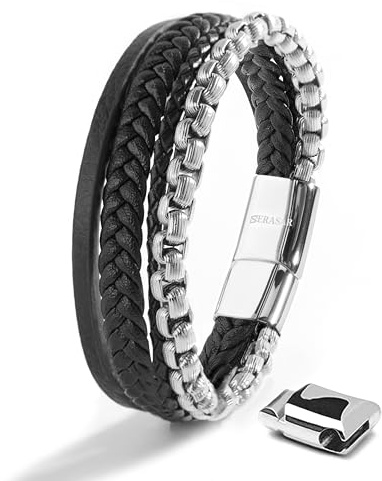 SERASAR Bracciali da Uomo Argento 23cm Bracciale in Pelle Gioielli intrecciato Da Soldato Avvolgente Braccialetto A Catena