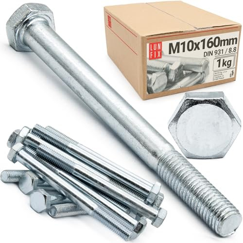 M10 x 160 Sechskantschrauben 1 kg (ca.8 Stk.) DIN 931 FK 8.8 verzinkter Stahl Teilgewinde Maschinenschrauben mit Schaft Gewindeschrauben mit sechseckigem Kopf 6 Kant