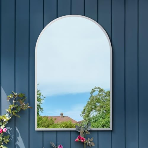 MirrorOutlet The Arcus - White Metal Framed Modern Arched Garden Wall Mirror 47 X 31 (120CM X 80CM) Gold. 2cm Wide Frame and 3cm Deep.