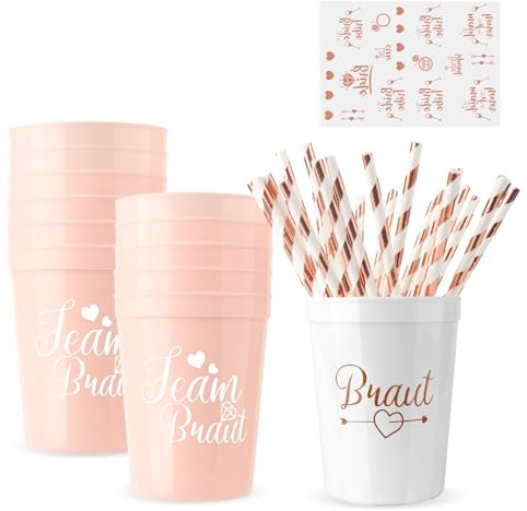MOKIDO 12 Stück JGA Becher Set, Team Braut Partybecher mit Goldstrohhalmen | Tattoo-Sticker, Brautbecher für Bachelorette Party, Junggesellinnenabschied, Hochzeit, Frauenfest