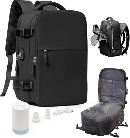 Vakuum Rucksack Handgepäck Flugzeug mit Vakuumpumpe Vacuum Backpack Travel Airbag Rucksack für Damen & Herren Vacpack Tasche Reiserucksack mit Vakuumsystem, Schwarz Groß