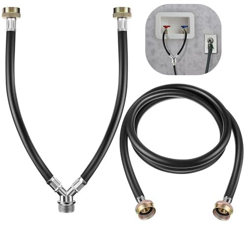 Dreyoo Y Mixer Hose Connector with Washing Machine Hose, 1FT Hot and Cold Water Supply Splitter and 6FT Washing Machine Connector(Black,Rubber)