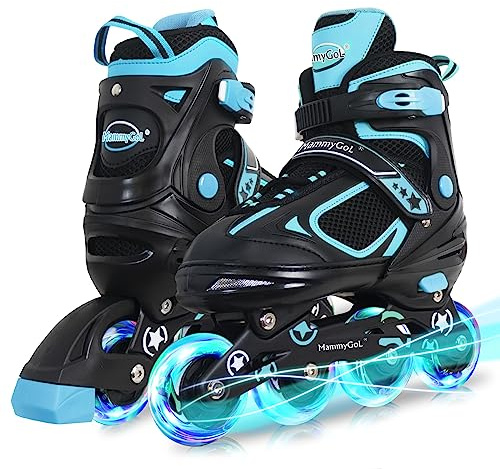MammyGol Adjustable Inline Skates for Youth Adults with Light up Wheels, Teal Beginner Blades Roller Skates for Women Men Size 8 9 10