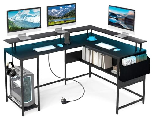 COSTWAY L-förmiger Schreibtisch mit Steckdosen & LED-Beleuchtung, Eckschreibtisch mit Monitorständer, Stofftasche, Haken & Ablagefläche, Gaming Computertisch, 146 x 115 x 85,5 cm