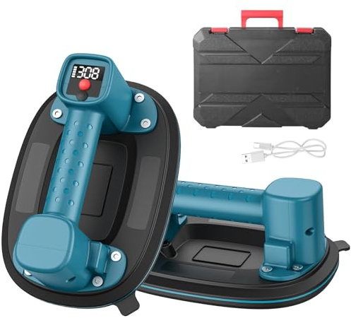 Akku Saugheber, 300 kg Tragkraft, Elektrischer Vakuumheber mit LCD-Anzeige & 4000 mAh Akku, Auto Nachsaugfunktion, Doppelmotor, 10 Saugnäpfe für Fliesen, Glas, Terrassenplatten (2er-Set)