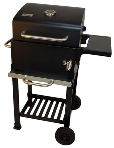 JARDIN202 - Barbacoa de Carbón con Tapa y Termómetro Kansas | Grill Ajustable con Parrilla Cromada y Calentador Superior| Ruedas Grandes | (Negro)