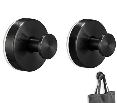 GifBasg Lot de 2 crochets à ventouse extra solides pour salle de bain, inox noir, sans perçage, porte-serviettes et crochets de peignoir pour douche, carrelage, verre et miroir