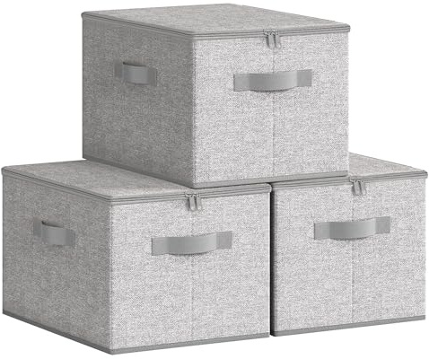 SONGMICS Foldable Storage Organizer Boxes, Set of 3 Storage Basket Bins with Lids, Handles, Clothes Organizer, 15.7 x 11.8 x 9.8 Inches, Non-Woven Fabric, Dove Gray URZB003W01