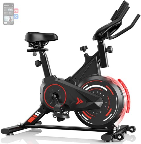 Dskeuzeew Vélo d’Appartement Connecté, Vélo d’Exercice à Résistance réglable 0–100%, Silencieux, Support Tablette & Capteur Cardiaque, Supporte Jusqu’à 160 kg (Rouge et Noir)