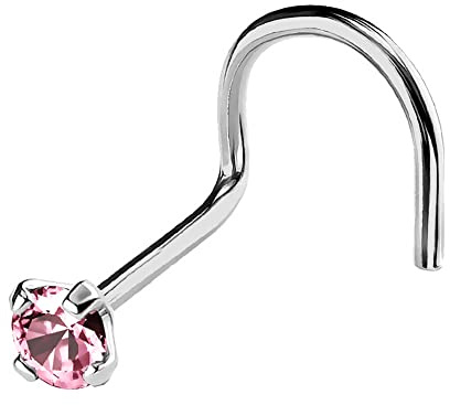 22G Solid 14Kt Gold Nose Screw Stud with Prong Set real Pink Tourmaline Gemstone, 14kt Yellow Gold or 14kt White Gold - October Birthstone Nose Ring-NSWG_PTM-2MM