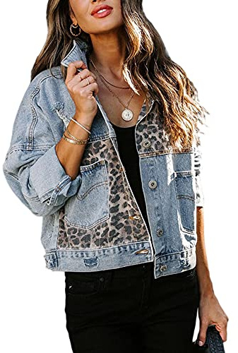 HAHAEMMA Veste en jean pour femme, motif léopard patchwork cropped, manches longues, bouton, Down Slim Fit, bleu, L