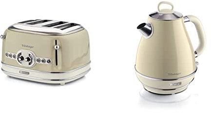 Ariete 156 Tostapane Vintage 4 Fette, 1600 watt, 6 livelli di tostatura & 2869 Bollitore Elettrico Vintage, Acciaio Inox, 1,7 L, Autospegnimento, 2000 W, per Acqua, Tè e Tisane, Beige Pastello