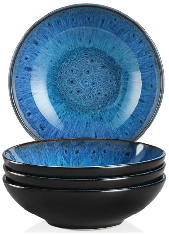 vancasso Bubble Stoneware Wide and Deep Pasta Bowl Set, 4-Piece Reactive Glaze Blue Soup Plate, 8.2in Soup Bowl Large Bowl. 950ml/32oz