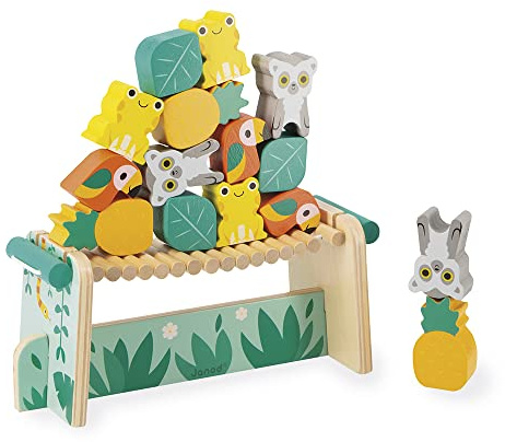 Janod - Juego de Equilibrio Tropical Tropik - Juguete de Madera - Puente y 15 Piezas Apilables - Juego Educativo Motricidad - Certificado FSC - Pintura al Agua - A Partir de 2 Años, J08271