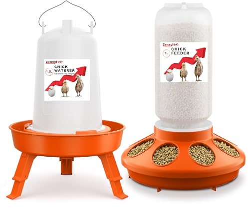 ZenxyHoC Küken Futterautomat und Tränke Set, 1 L Hühner Futterautomat und 1,5 L Hühnertränke mit 3 Höhenverstellbaren Höhen für Hühnchen, Orange
