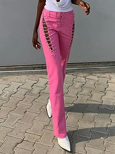 Pantalon Bandage Punk Pantalon Simili Cuir PU Pantalon Noir Femme Patchwork Gothique Coupe Slim Streetwear-Pantalon 2-M