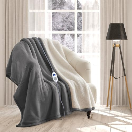 rejuvopedic Electric Heated Blanket Throw Fleece Sherpa EXTRA LONG 180cms, (Grey) 9 Heat Settings, Auto Shut Off, Machine Washable