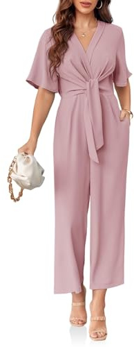 Cicy Bell Women's Elegant V Neck Jumpsuits Dressy Casual Short Sleeve Wide Leg Long Pants Rompers