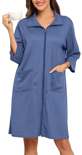 Lovasy Peignoir Femme à Fermeture Éclair Robe de Chambre Court en Tricot Gaufré Kimono Doux et Léger Longueur du Genou Loungewear avec Poches A Bleu M