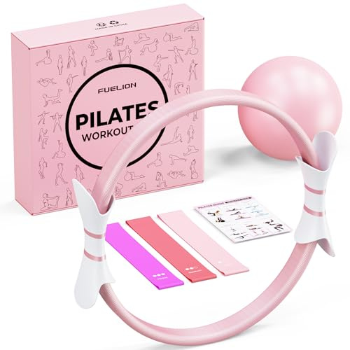 Fuelion 6 in 1 Pilates Ring Set - 14 Magic Circle with Dual Padded Handles| 9.8 Pilates Mini Ball| Resistance Bands (15, 25, 35 lbs)| Pilates Equipment for Strength, Flexibility, Stability, Toning