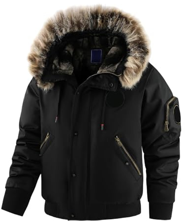 YOSUWOAI Bomber invernale da uomo con cappuccio in pelliccia, giacca da pilota foderata con tasche con cerniera, calda giacca da parker imbottita, giacca invernale spessa, giacca da escursionismo punk