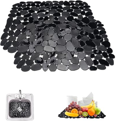 2 Pieces Sink Protector Mats, 40x30cm PVC Pebble Sink Protector, Non-Slip Cuttable Fast Draining Mats, Fast Drain Clear PVC Sink Protectors for Stainless Steel Ceramic Porcelain Sinks, Black