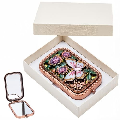 SOFPLATE Vintage Faltbarer Kompakt Schminkspiegel Mit Normaler Und Vergrößerungslinse Doppelseitig Mit Schmetterlings Und Rosenmuster Retro Design Mini Schminkspiegel Mit Blumennmuster Ideales Reiseg