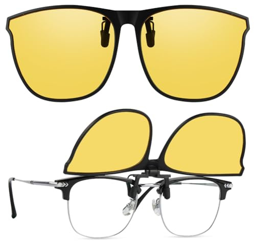 URAQT Clip-On Nachtsichtbrille, Geeignet FüR BrillenträGer Nachtsichtbrille, UV400 Schutz Blendschutz Polarisierte Gelbe Nachtsichtgerät, Aufklappbare Nachtfahrbrille für Auto & Motorrad, Unisex