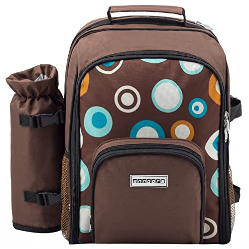 anndora Picknickrucksack mit Kühlfach braun Retro + Zubehör 15 teilig - 2 Personen